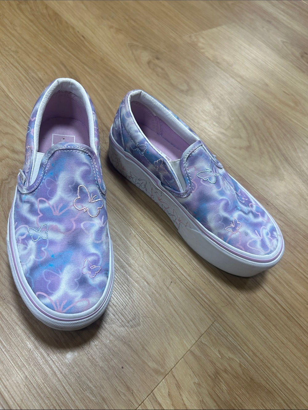 Vans Slip-On Platform Sneakers in Pastel Purple Pink Blue Butterfly Print